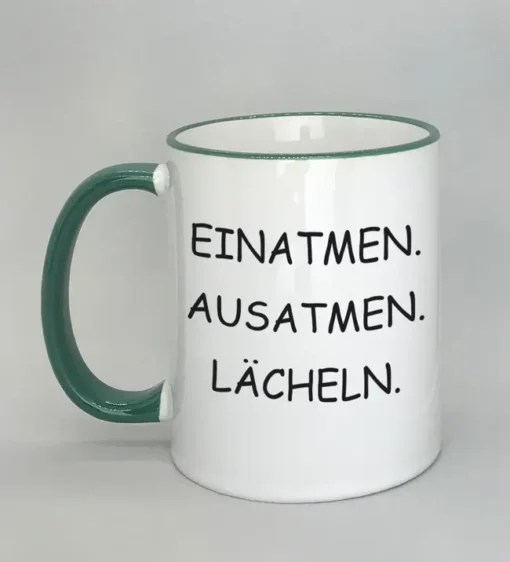 Lustige Spruchtasse mit farbigem Rand