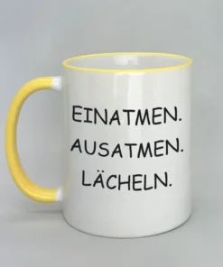 Lustige Spruchtasse mit farbigem Rand