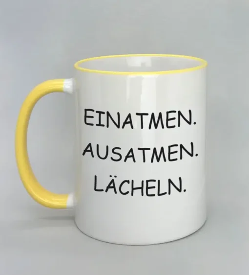 Lustige Spruchtasse mit farbigem Rand