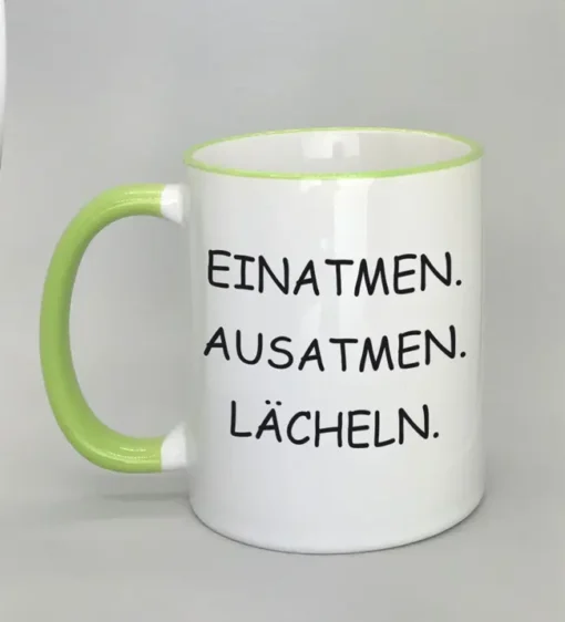 Lustige Spruchtasse mit farbigem Rand