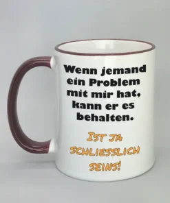 Lustige Spruchtasse mit farbigem Rand