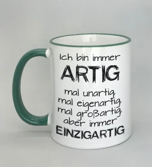 Lustige Spruchtasse mit farbigem Rand