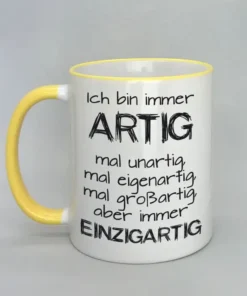 Lustige Spruchtasse mit farbigem Rand