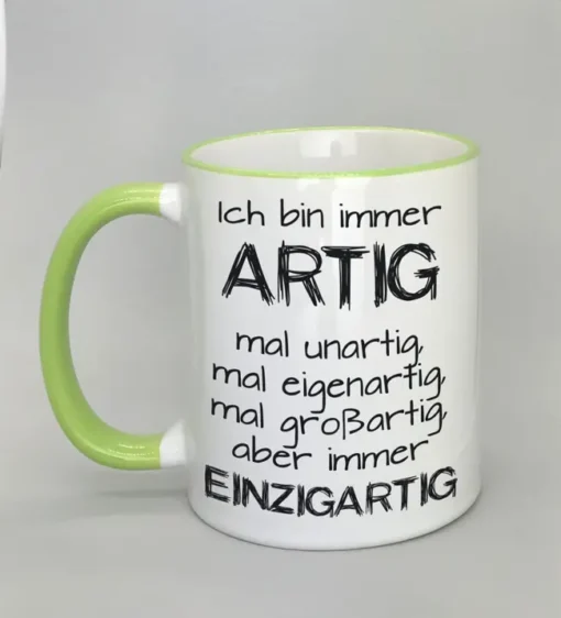 Lustige Spruchtasse mit farbigem Rand
