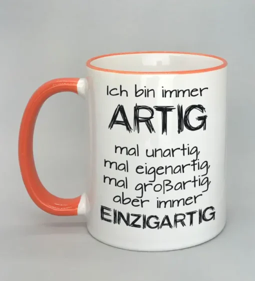 Lustige Spruchtasse mit farbigem Rand