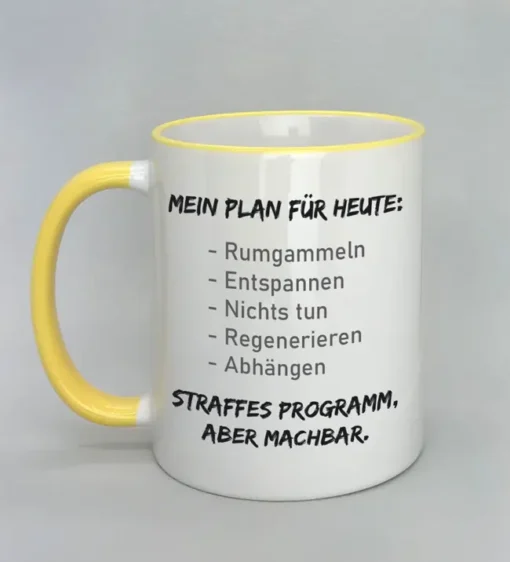 Lustige Spruchtasse mit farbigem Rand