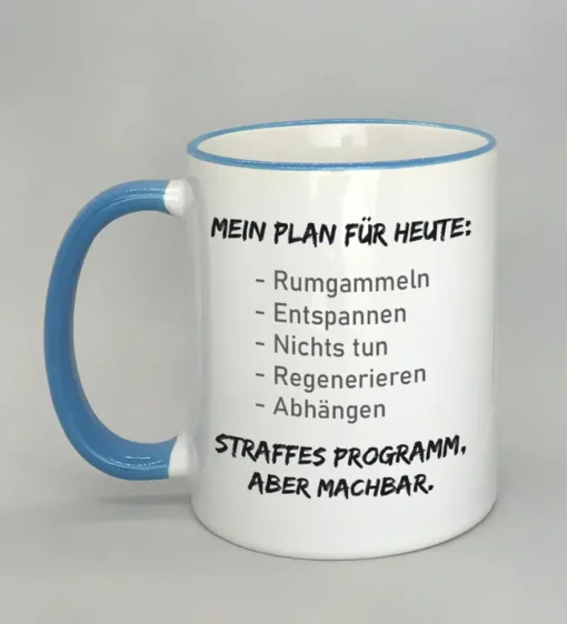 Lustige Spruchtasse mit farbigem Rand