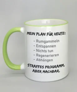 Lustige Spruchtasse mit farbigem Rand
