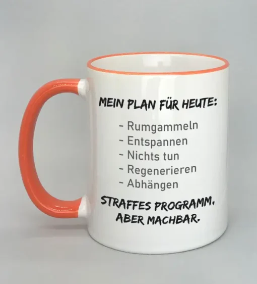 Lustige Spruchtasse mit farbigem Rand