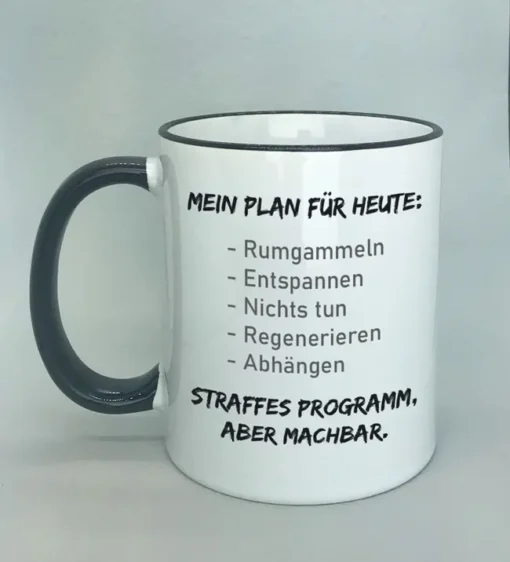 Lustige Spruchtasse mit farbigem Rand