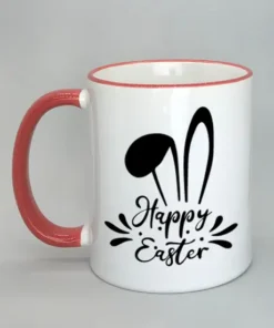 Tasse mit Ostermotiv und farbigem Rand rot