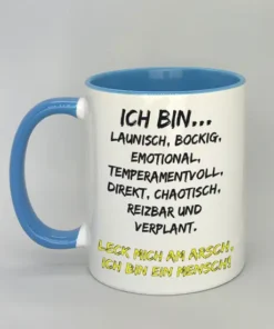 Spruchtasse Ich bin launisch... mit farbiger Innenseite hellblau