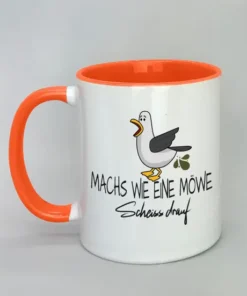 Spruchtasse "Machs wie eine Möwe-Scheiss drauf" mit farbiger Innenseite orange